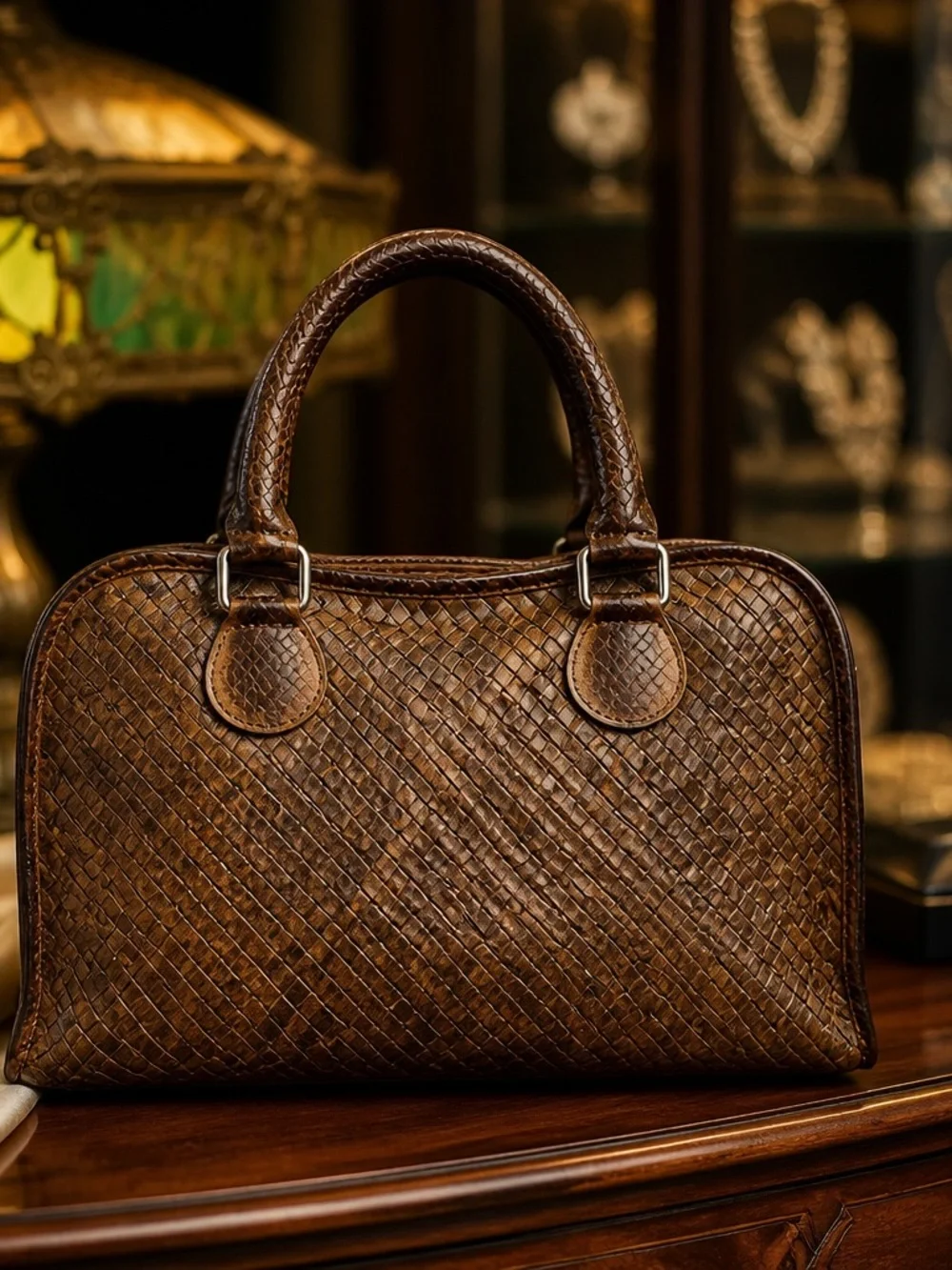Woven authentic python skin Satchel Handbag - Brown